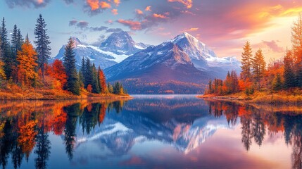Obraz premium A large, mirror-like lake with reflections of a stunning mountain range, with colorful autumn trees along the shore at dawn