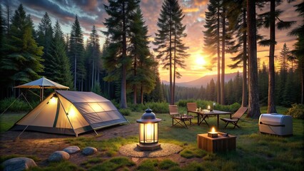 Serenely lit campsite at dusk, surrounded by trees, with a sleek solar panel charging station powering lanterns and camping gear.