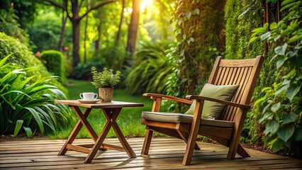 Obraz premium Serenely lit scene of a comfortable outdoor setting with a wooden chair, side table, and open book, surrounded by lush greenery and calm atmosphere.