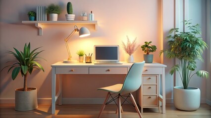 cozy desk setup pastel hues warm light