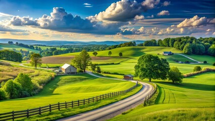 Serene Maryland countryside landscape featuring rolling hills, lush green pastures, and winding roads under a vast blue sky with fluffy white clouds.