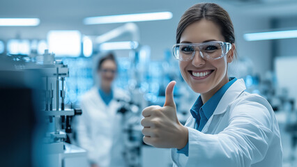 Confident female scientist giving thumbs up in modern laboratory, symbolizing success and positivity
