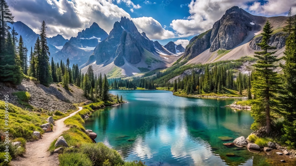 Wall mural Serene mountainside trail winds its way through lush green forest, revealing a tranquil alpine lake surrounded by rugged peaks and untouched wilderness scenery.