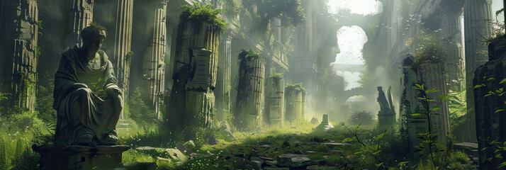Lost City of Learning: Overgrown statues and crumbling columns hint at a long-forgotten civilization's dedication to knowledge.