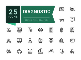 Diagnostic icon collection. Set of outline icons related to healthcare, medical, medicine. Minimalist thin linear web ui icon set. Simple editable vector stroke illustration.