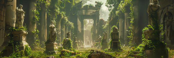 Lost City of Learning: Overgrown statues and crumbling columns hint at a long-forgotten civilization's dedication to knowledge.