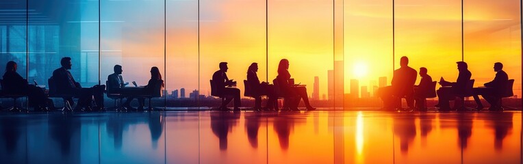 Fototapeta premium Silhouetted individuals engage in conversation in a business lounge during sunset
