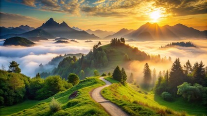 Serenene misty dawn breaks over a majestic mountain range, illuminating a lone winding path amidst lush green forests, evoking a sense of profound spiritual connection.