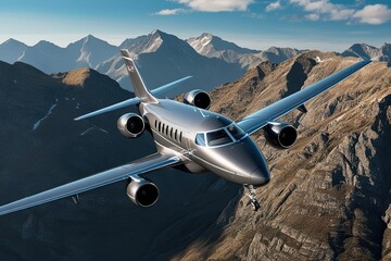 Fototapeta premium Polished Grey Business Jet Flying High Above Rugged Mountains in Stunning 3D Imagery