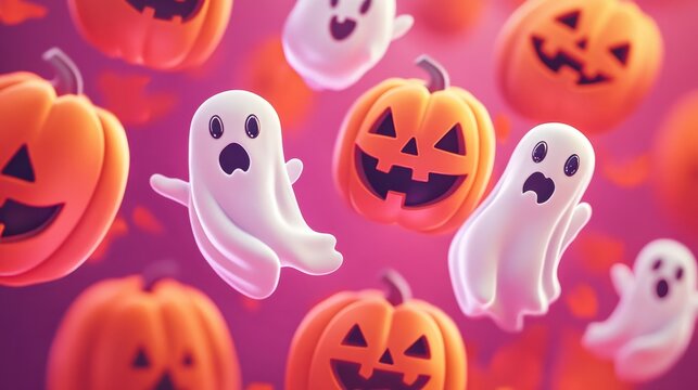 halloween themed cartoon background with pumpkins, creepy ghosts, and witches, in the style of dark pink and orange