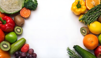Top view Fruits and vegetables isolated on white background.