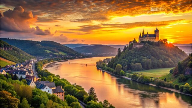 Serene sunset casts warm golden light on the tranquil Rhine River, lined with lush greenery and majestic medieval castles in the distant horizon.
