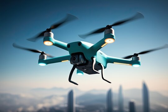 Striking Teal Drone Hovering in the Atmosphere - 3D Rendering of Futuristic Aviation Technology