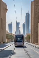 A train is traveling down a track in a city