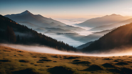 Obraz premium A tranquil mountain landscape with a mist-covered valley at dawn