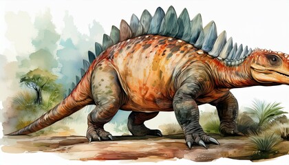 Fototapeta premium ankylosaurus dinosaur retro style vintage watercolor illustration isolated on white background. tyrannosaurus dinosaur 3d render