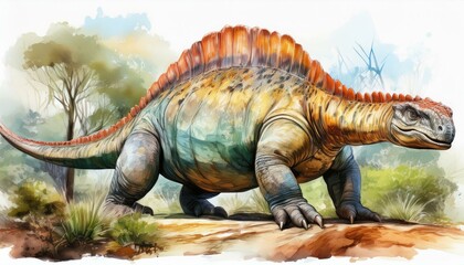 ankylosaurus dinosaur retro style vintage watercolor illustration isolated on white background. tyrannosaurus dinosaur 3d render