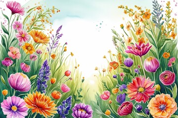 Enchanting Watercolor Flower Meadow Background Illustration