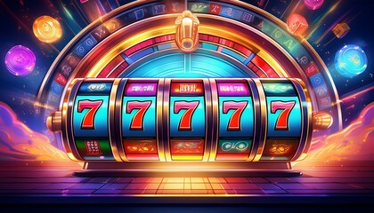 spinning casino slot machine reels with neon jackpot symbols and flaring lights. roulette wheel with chips