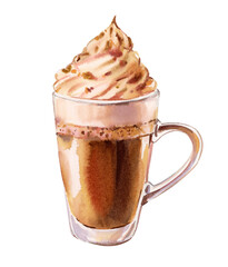 Cappuccino  with cream foam in a glass cup,  isolated on white.  Watercolor illustration.