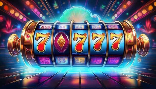 spinning casino slot machine reels with neon jackpot symbols and flaring lights. roulette wheel with chips