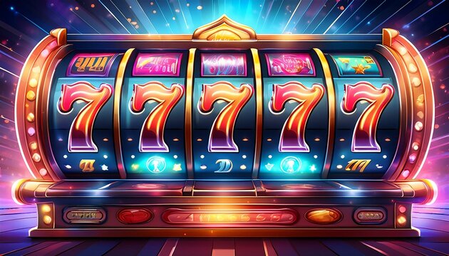 spinning casino slot machine reels with neon jackpot symbols and flaring lights. roulette wheel with chips