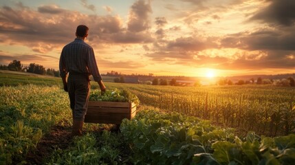 Fototapeta premium Man in a rural field with a vegetable box at sunset represents country life food production