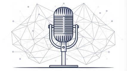 Simple, minimalist line art illustration of a classic microphone with clean lines and geometric shapes, isolated on a white background for versatile use.