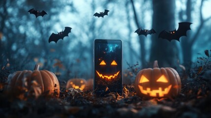 Mobile phone with jack-o'-lantern pumpkins and bats in a scary forest. Electronics advertising poster mockup for halloween sales.