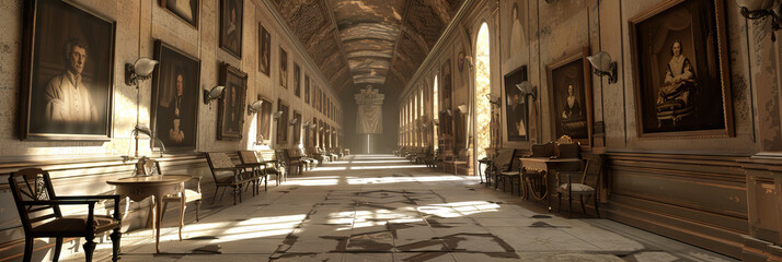 An empty hall lined with faded portraits and antique furniture.