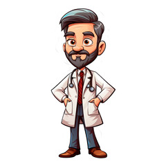 Obraz premium Cartoon-style illustration of a confident male doctor with a beard, standing with hands on hips and wearing a stethoscope. Perfect for medical content, healthcare marketing, or educational resources. 