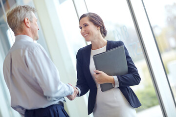 Handshake, laptop and smile with business people in office together for hiring or onboarding. Computer, interview or welcome with happy employee and mentor shaking hands in workplace for agreement