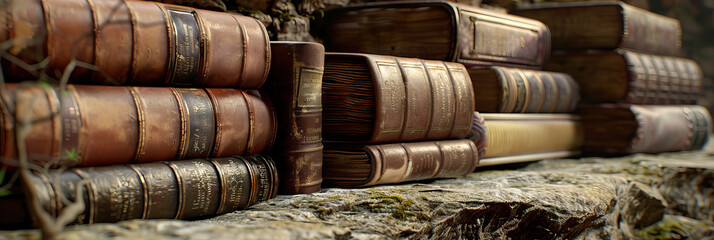 Hidden Gems of the Archives: A row of leather-bound books, their spines cracked and pages yellowed, resting on a rough-hewn stone table.