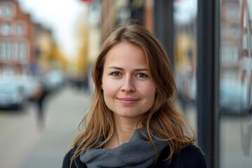 Obraz premium A young woman with wavy hair stands confidently in a bustling city street, surrounded by shops and pedestrians during a bright day in early autumn