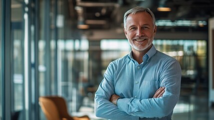Portrait of successful senior businessman consultant folding arms looking at camera and smiling inside modern office building