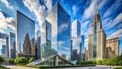 Obraz premium Sleek, modern skyscraper in downtown Chicago, Illinois, with angled glass and steel facade, surrounded by urban cityscape and blue sky.