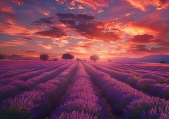 Fototapeta premium Lavender fields in the south of France at sunset, beautiful landscape