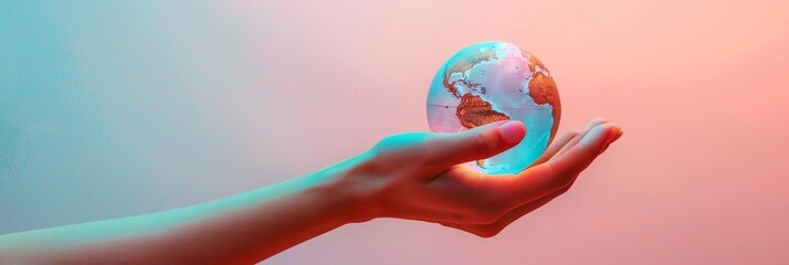 A hand holding a small globe, depicted against a vibrant gradient background, symbolizing global unity and adventure in a modern style.
