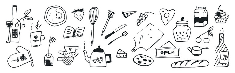 Set of food and drink, kitchen utensils, black and white culinary hand drawn illustrations on white background. Childish naive doodle design style, vector art.