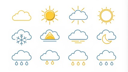 Obraz premium Slim modern weather icons depicting sunny, cloudy, rainy, and snowy conditions in a minimalist linear style on a clean white background.