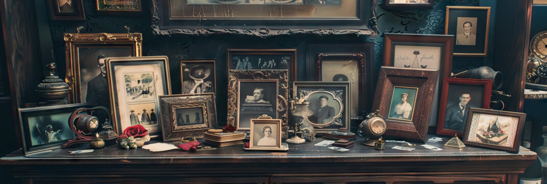 Mementos of Yesteryear: A collection of old photographs, trinkets, and keepsakes displayed in an ornate frame.