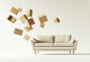 Beige Sofa with Cardboard Boxes for Moving Day Delivery