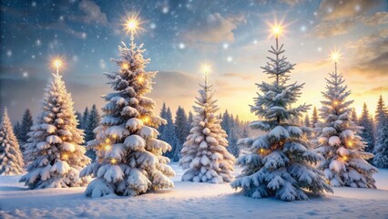Snowy pine trees with frosted branches stand tall against a serene white winter wonderland background, evoking festive holiday cheer and magical Christmas atmosphere.
