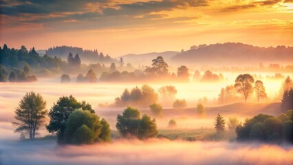 Obraz premium Soft, warm light peeks through a hazy overlay of subtle, pastel hues, casting a dreamy, ethereal atmosphere over a serene, misty landscape.