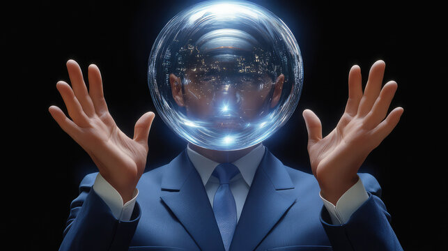 A professional in business attire appears to be channeling insight, depicted with a glowing orb encompassing their head, embodying enlightened business leadership.