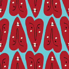 Valentines Day pattern with ugly funky hearts. Groovy cute love characters. Vector illustration in doodle style