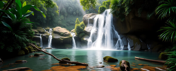 Fototapeta premium A beautiful waterfall in a tropical forest full of green trees. AI generated