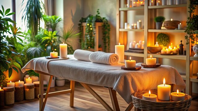Soothing ambiance of a serene wellness center with candles, essential oils, and a comfortable massage table, promoting relaxation and rejuvenation.