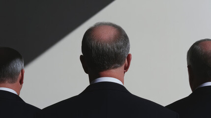 This image shows a mysterious scene of three bald men in suits standing in shadow formation against a dark, minimalist background, evoking intrigue and the corporate underworld.