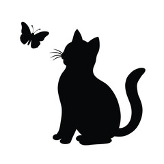 Vector illustration of a cat with a flying butterfly silhouette, elegant and artistic design.